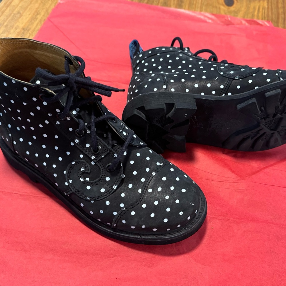 John Fluevog Black and White Polka Dot Combat Boots